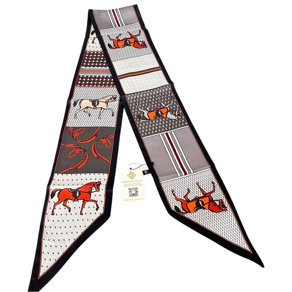 Shimmer & Shawls Accessories - Black and Grey Equestrian Silky Skinny Satin Scarf – Double-Sided